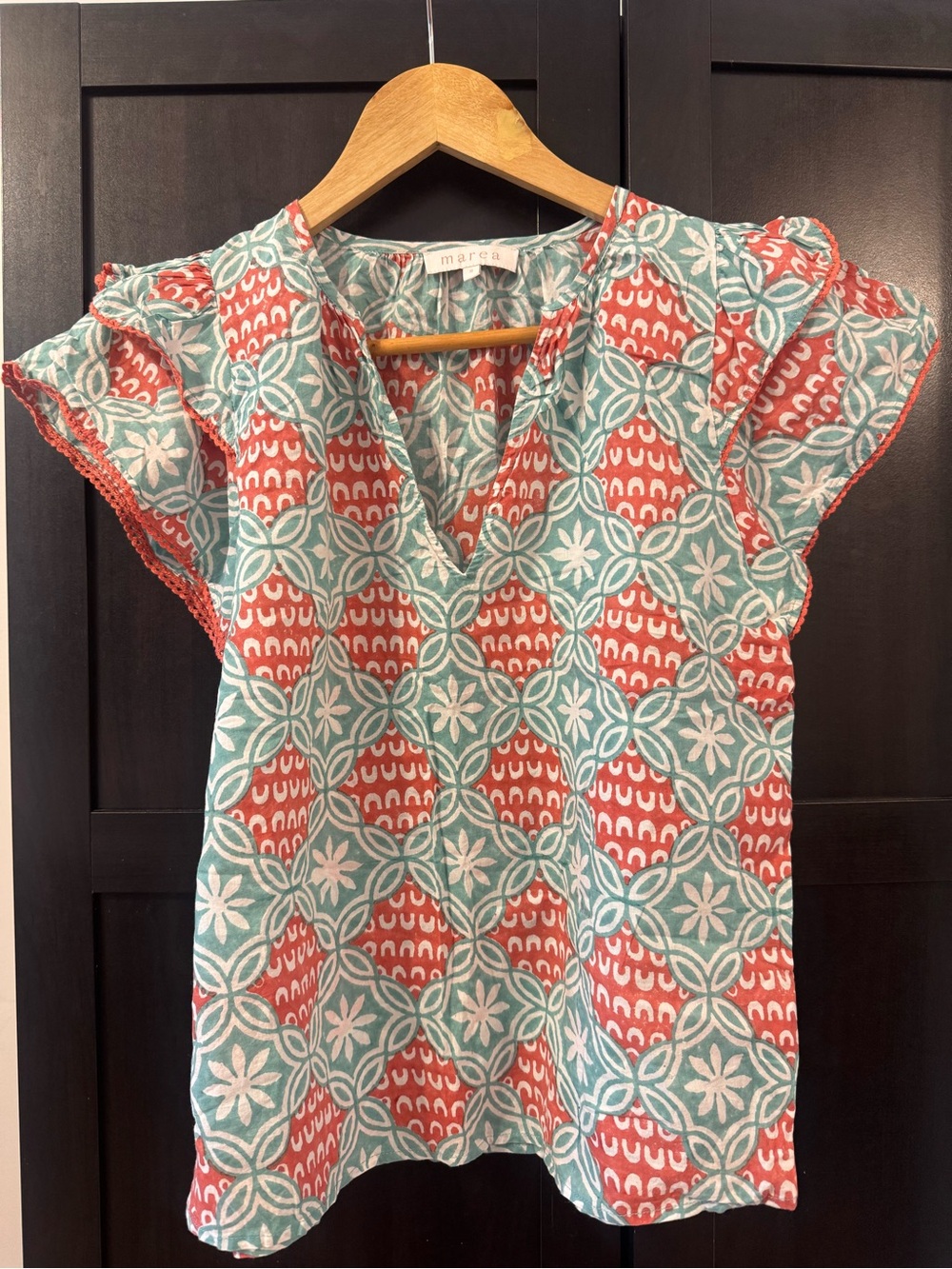 MAREA- Small Marcia Coral & Teal Patterned Cap-Sleeve Top - only wore once